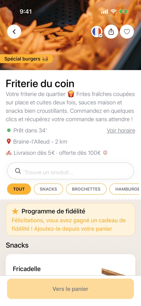 Die Seite einer Frittenbude in der Fritzy-App, mit Speisekarte