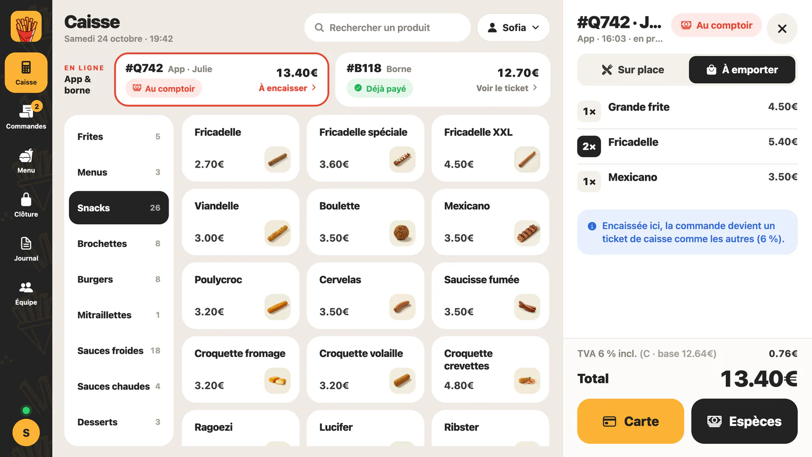 Une commande de l'app à payer au comptoir, ouverte dans la caisse avec les boutons Carte et Espèces