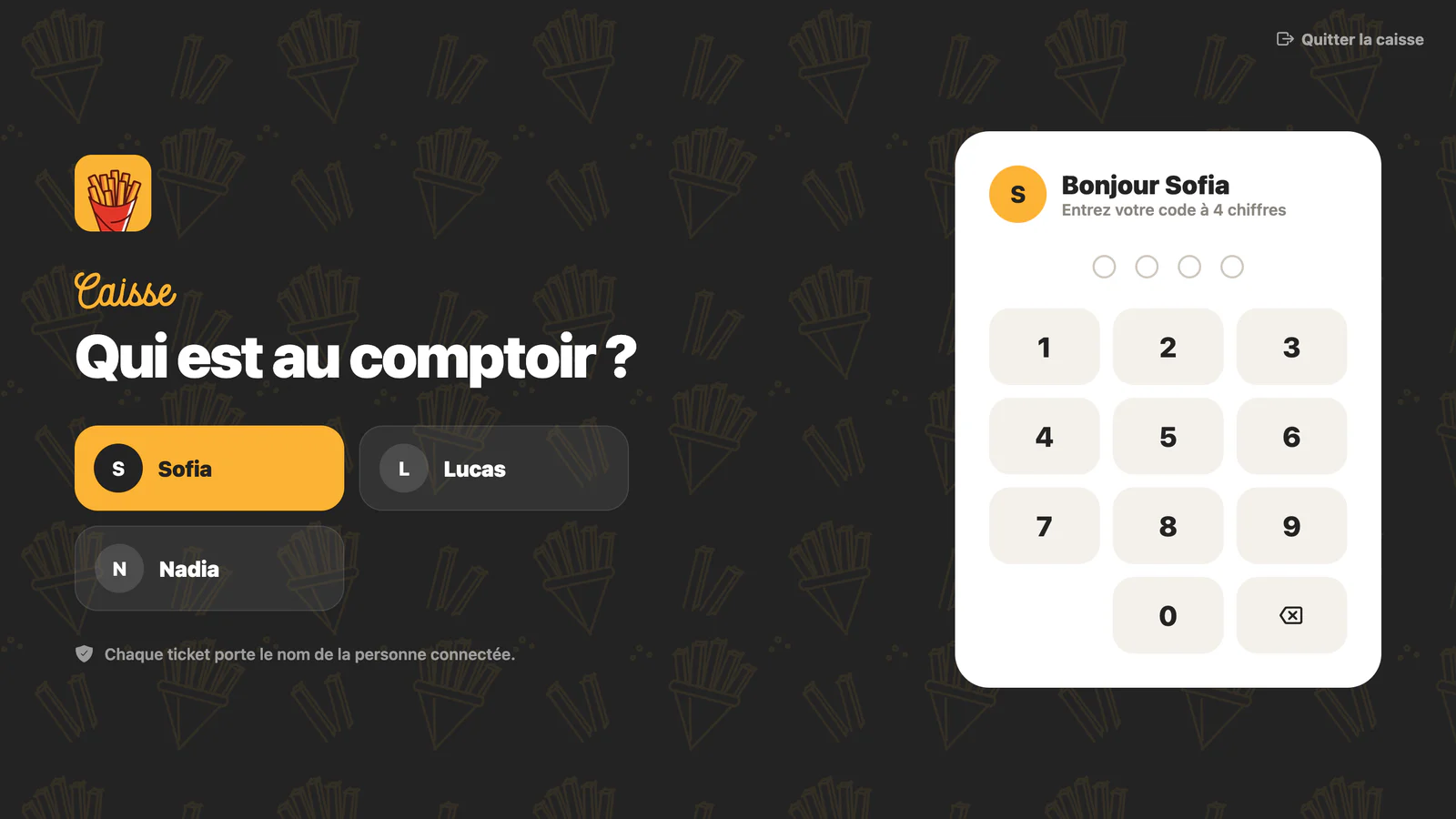 L'écran de connexion : « Qui est au comptoir ? », les employés et le clavier du code