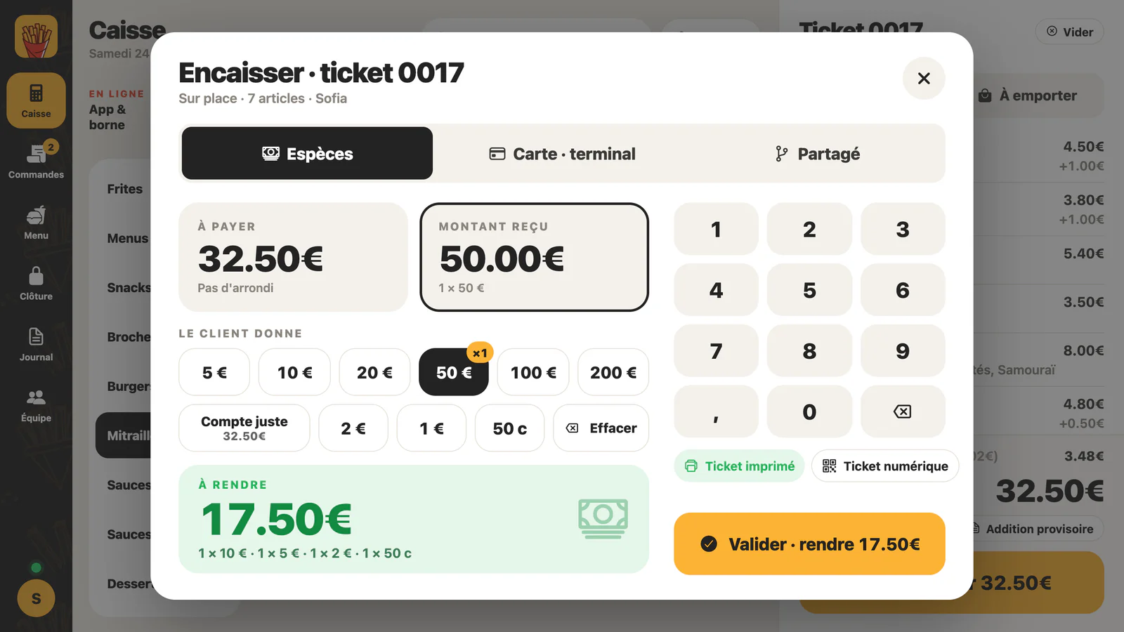 Paiement en espèces : un billet de 50 € reçu pour 32,50 €, 17,50 € à rendre détaillés en billets et pièces