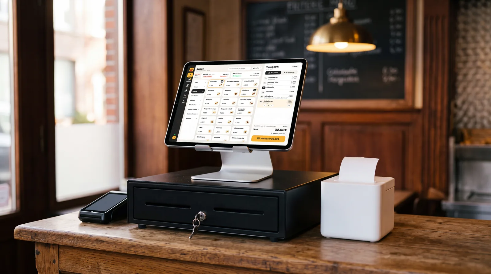 La caisse Fritzy sur un iPad, posée sur un tiroir-caisse à côté d'une imprimante à tickets, sur le comptoir d'une friterie
