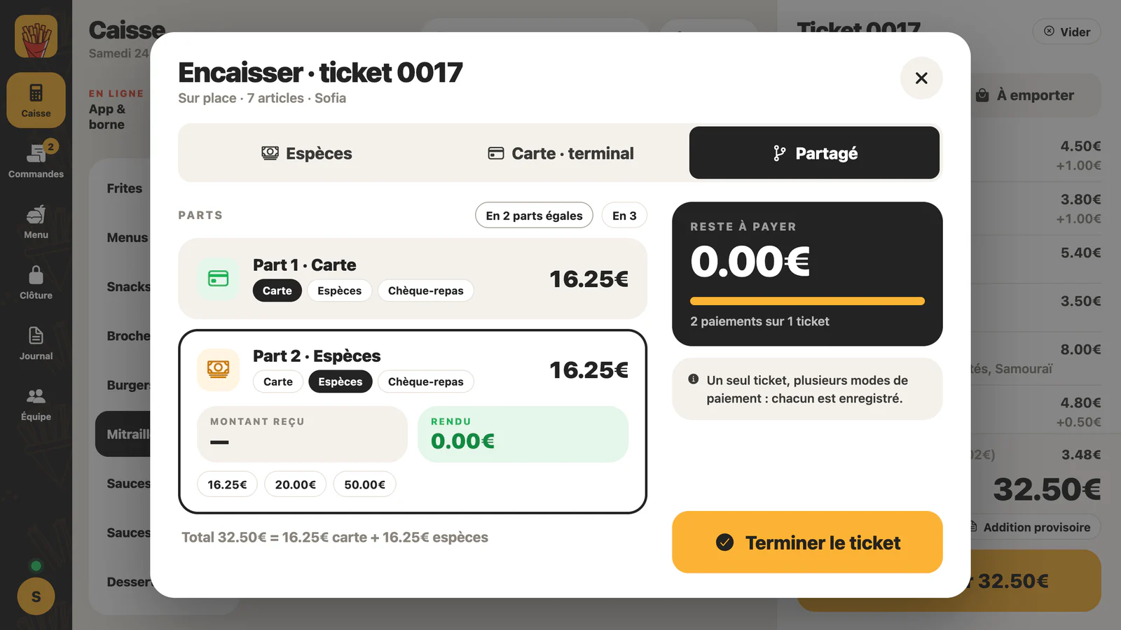 Paiement partagé : 16,25 € par carte et 16,25 € en espèces sur un même ticket