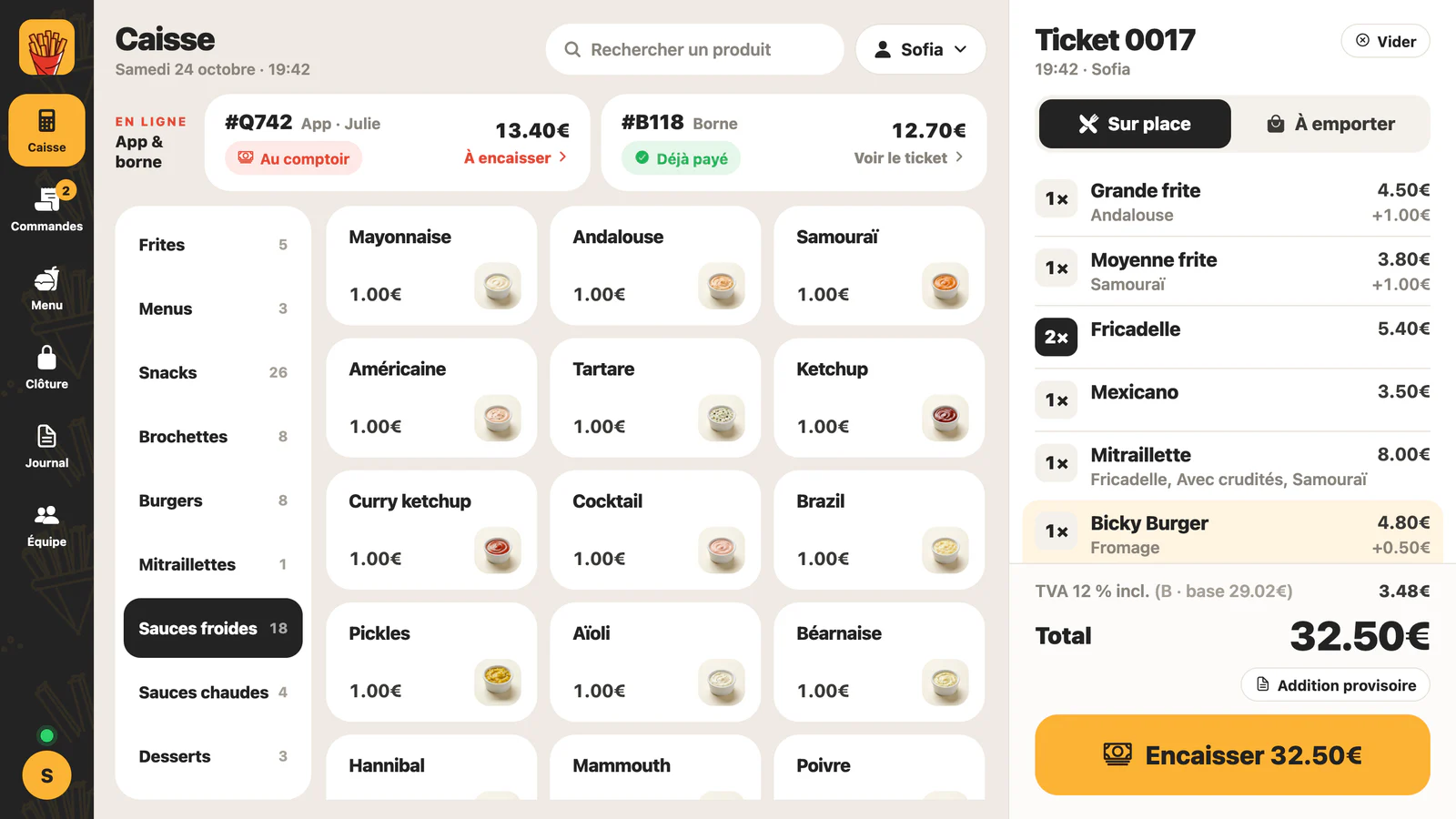 La caisse : les sauces froides avec photos au centre, un ticket de 7 articles à droite