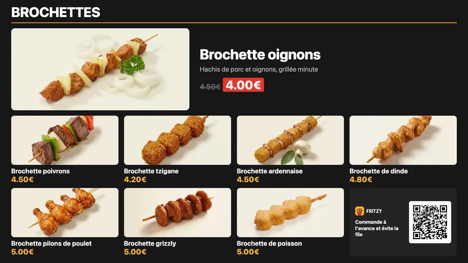 Fritzy menu screen with a featured product: a skewer on promotion shown large, the other skewers in photos and a QR code to order ahead