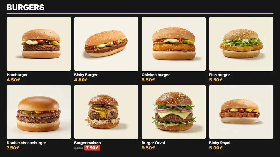Fritzy menu screen as a photo grid: a fries shop's burgers and their prices, one burger on promotion