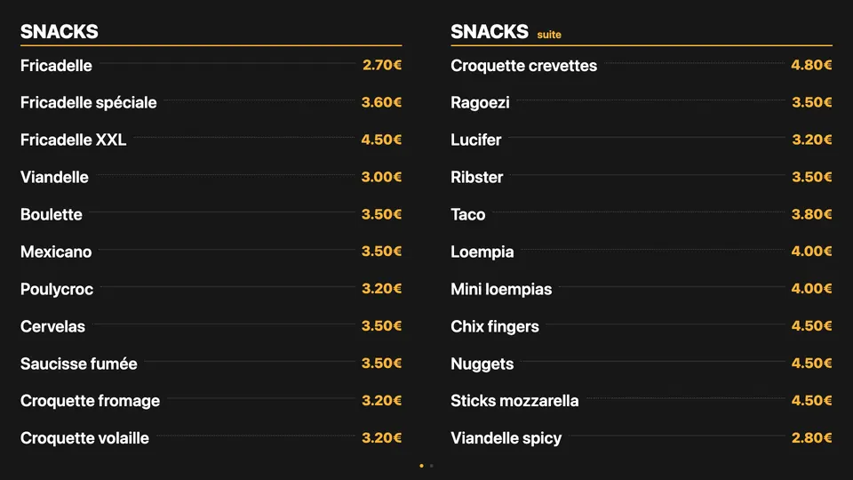 Fritzy menu screen as a two-column price list: a fries shop's snacks and their prices