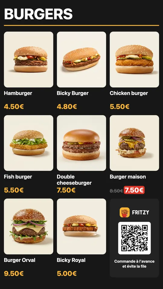 Fritzy menu screen in portrait: the burgers in photos and a QR code to order ahead