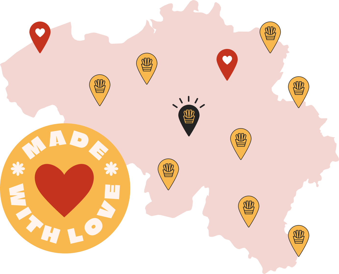 Belgienkarte voller Frittenbuden, mit einem „Made with love“-Abzeichen